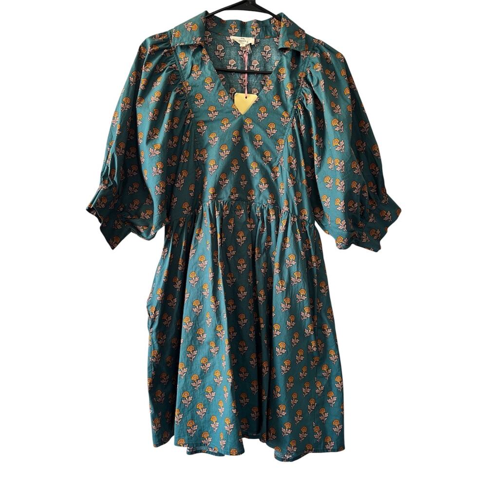 Entro Teal Floral Print Collared Babydoll Mini Dress Women’s Small NWT Fall Boho
